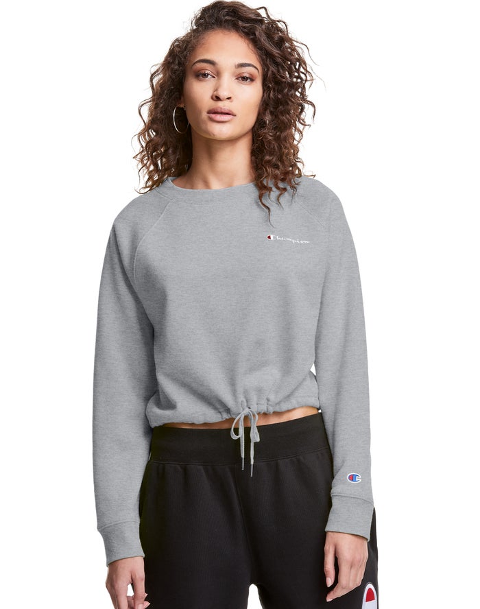 Champion Womens Sweatshirt NZ - Campus Fleece Cropped Crew Embroidered Script Logo Grey ( 1036-IKRWV